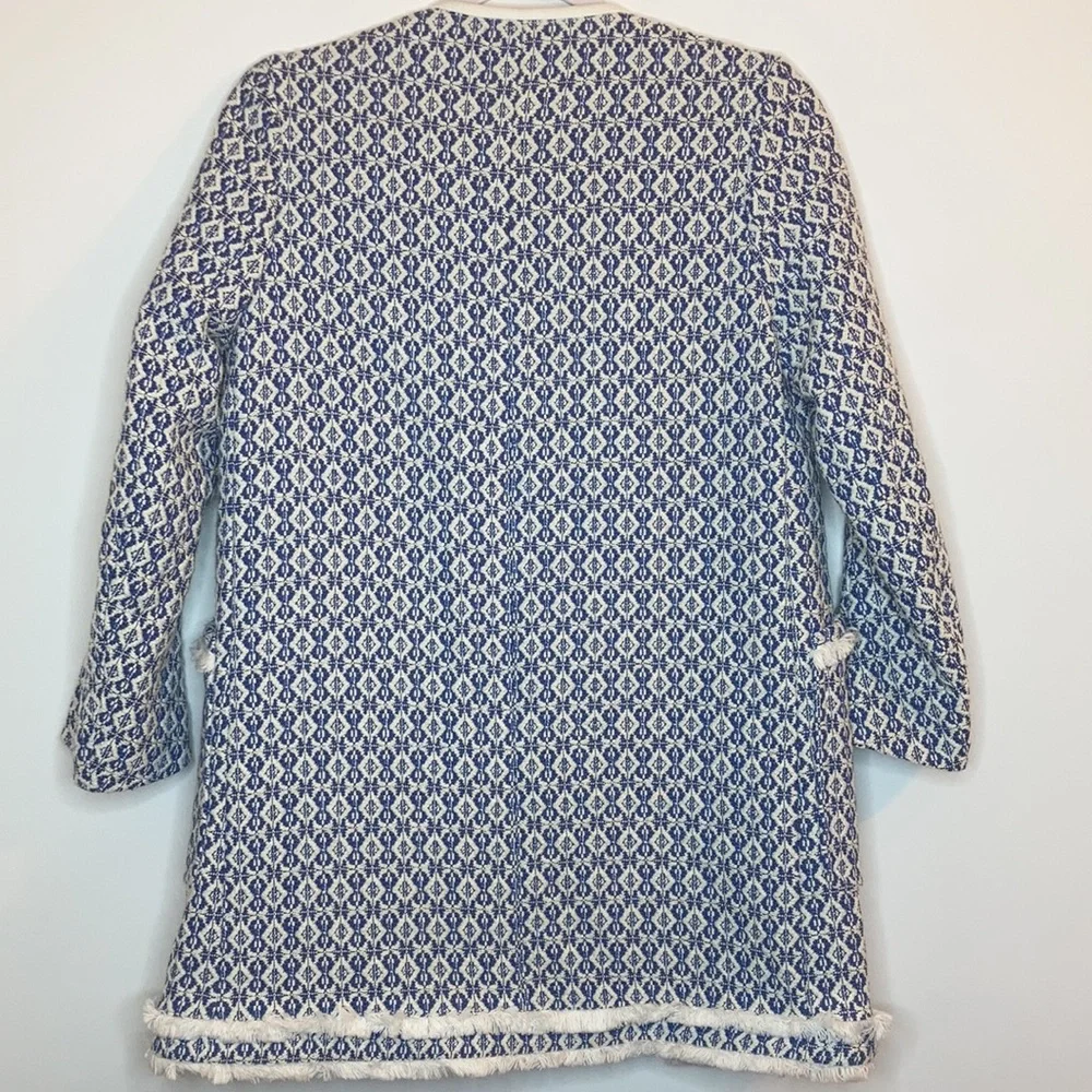 Zara Frayed Printed Blue and White Round-Neck Jacket with Front Pockets - Picture 7 of 8